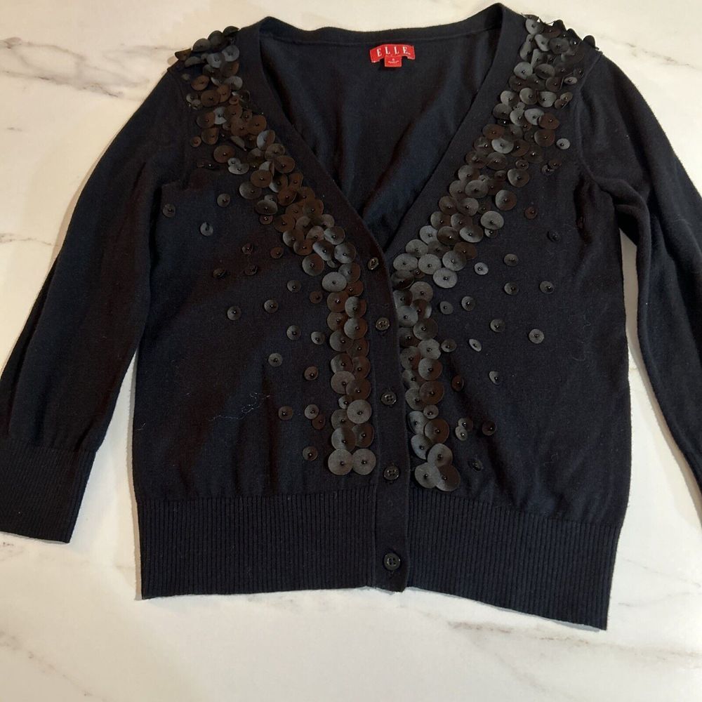 Elle Sweater S Black Solid Long Sleeve Bead Accented‎ Cardigan